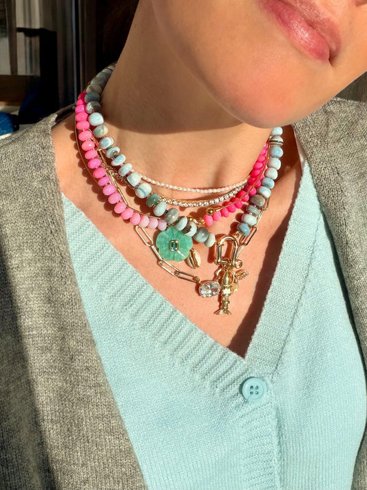 Pink Lemonade- Hand Knotted Neon Ombre Opal Gemstone Candy Necklace with Neon Horseshoe Carabiner Clasp