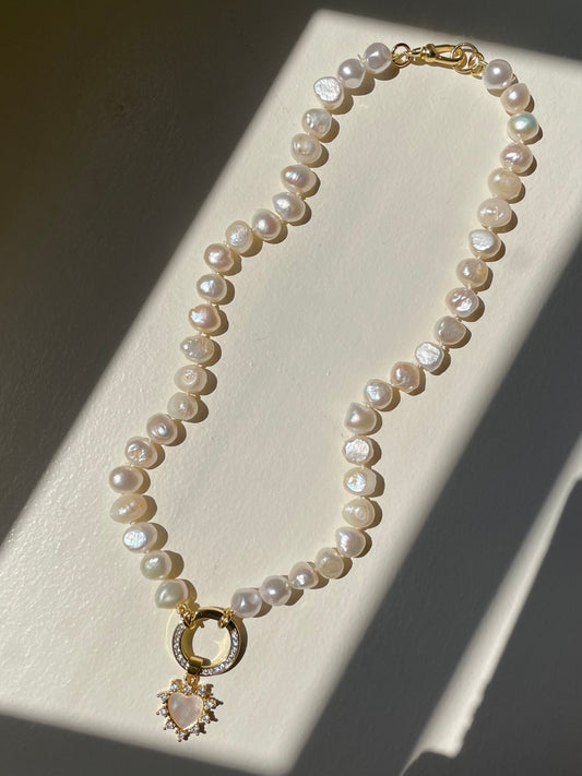 Handshakes in the Hamptons - Hand Knotted Freshwater Pearl Crystal Enhancer Clasp Necklace with Mother of Pearl Heart Charm
