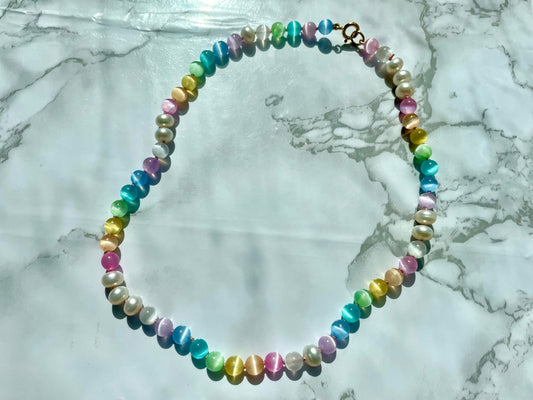 Lisa Frank's Choker - Hand-Knotted Rainbow Cat's Eye & Freshwater Pearl Necklace