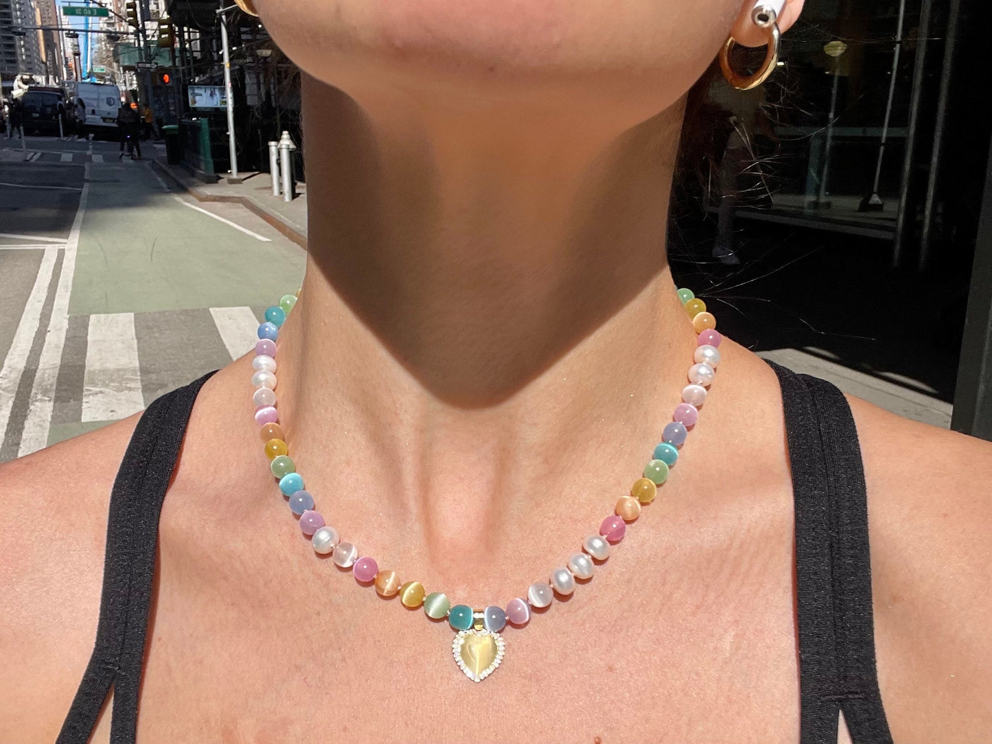 Lisa Frank's Choker - Hand-Knotted Rainbow Cat's Eye & Freshwater Pearl Necklace