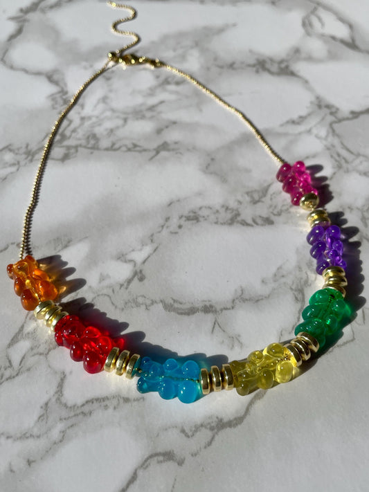 Goldie Bears - Rainbow Acrylic Gummy Bears & 14K GF Ball Bead Slider Chain