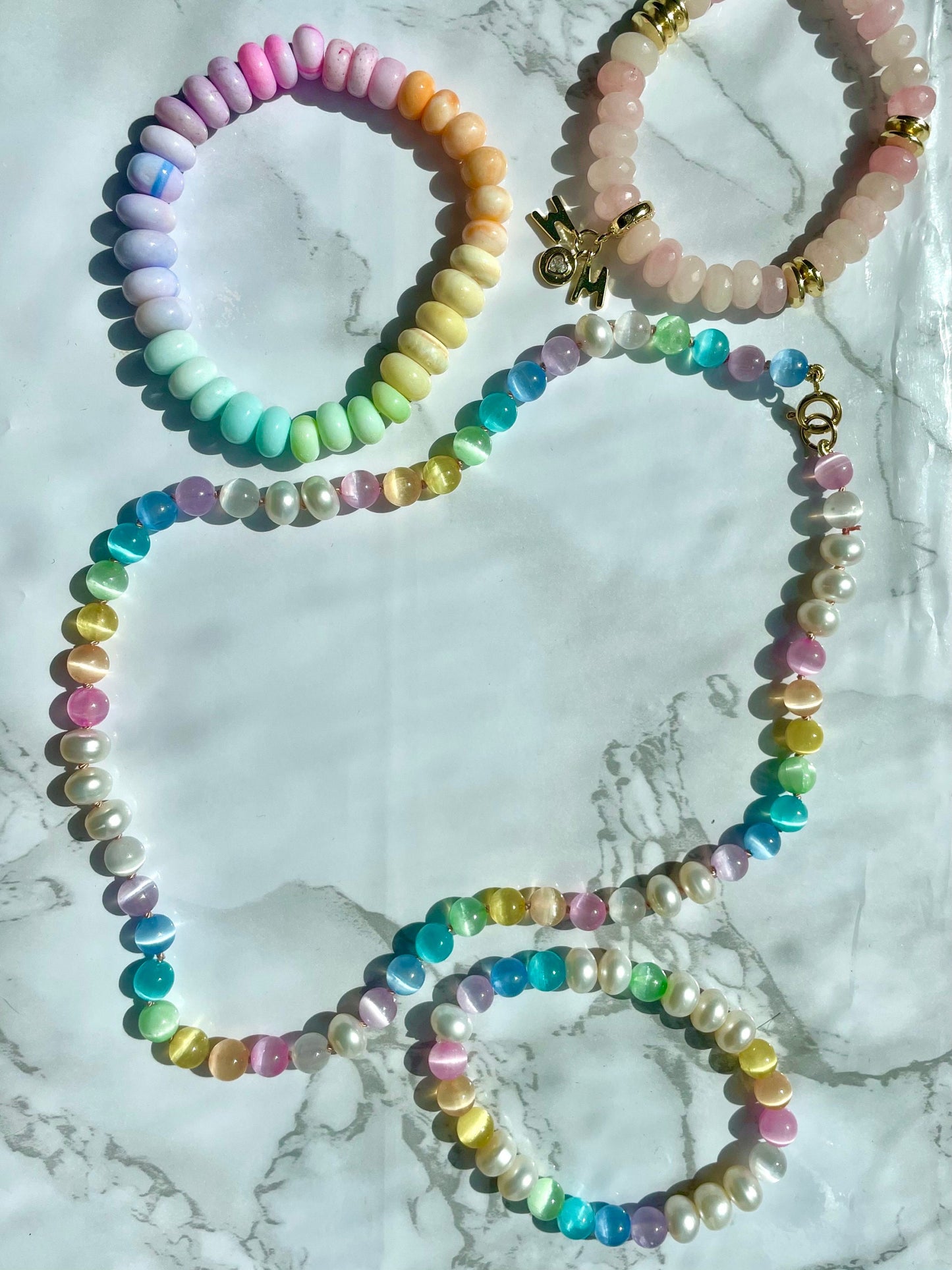 Lisa Frank's Choker - Hand-Knotted Rainbow Cat's Eye & Freshwater Pearl Necklace