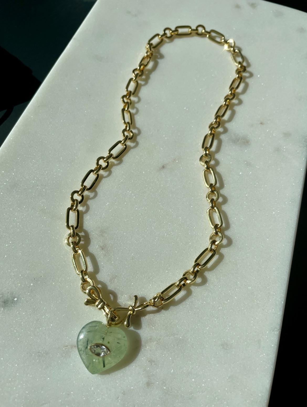 Bossy Mossy Prehnite and Topaz Lallipop Pendant Bow Chain Necklace