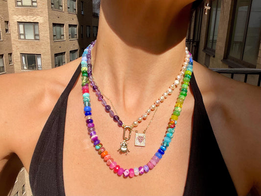 Beetlejuicy - Amethyst & Pearl Gemstone Necklace with 14K Enhancer Clasp and Charm