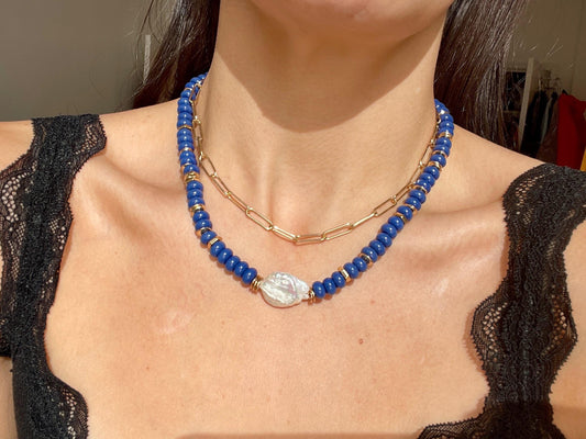 Layer Ya, Dare Ya - Bluey Gemstone, Gold, and Pearl Necklace with Paperclip Chain