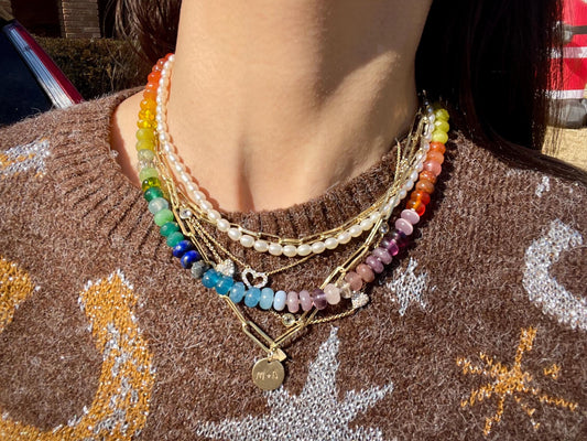 Tertiary Skittles - Hand Knotted Rainbow Gemstone Necklace with Enhancer Clasp