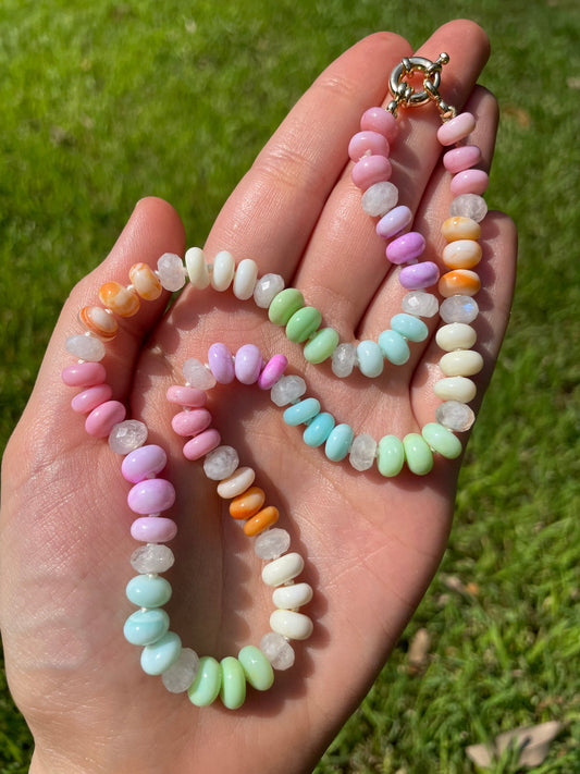 Spring Fling Neon Opal and Moonstone Hand Knotted Gemstone Necklace