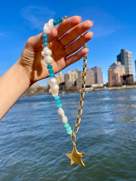 Peapod Squad - Freshwater Pearl, Gemstone, & Antique Brass Large Star Charm Chain Necklace