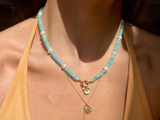 Blueberries & Cream Freshwater Pearl and Cool Blue Jade Gemstone Candy Necklace with 14K GF Enhancer Clasp and Swarovski Crystal Charm