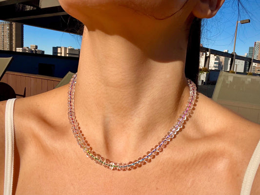 Lil Icee Brainfreeze - Hand Knotted Rainbow Silk and Quartz Gemstone Necklace with 14K GF Enhancer Charm Clasp