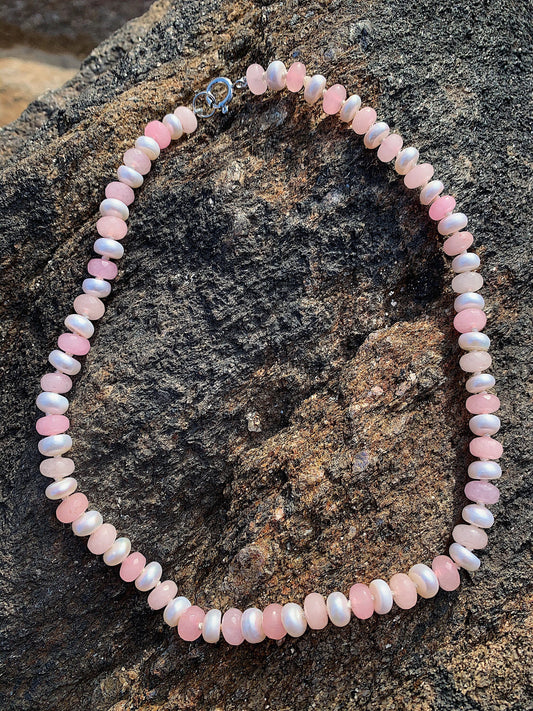 Strawberries & Cream Fresh Water Pearl and Jade Candy Necklace | Hand-Knotted with Sterling Silver