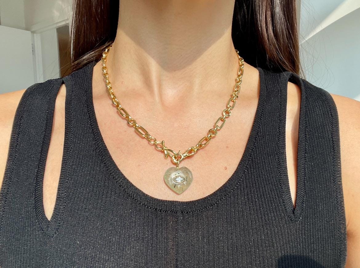 Bossy Mossy Prehnite and Topaz Lallipop Pendant Bow Chain Necklace
