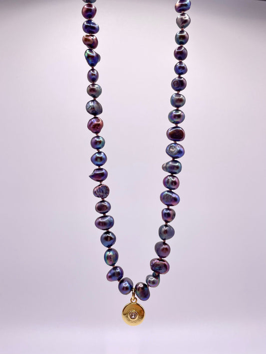 Ursula’s Part of Your World- Hand-knotted Black Pearl and 14K Gold Filled Disk Charm