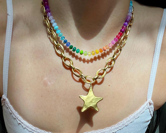 Starburst Antique Brass Large Star Charm Chain Necklace