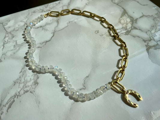 I’m So Lucky - Moonstone and 24K Gold Filled Chunky Chain with Gemmy Horseshoe Charm