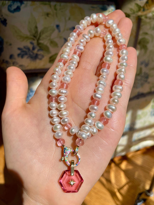 Strawberries & Cream 2 Fresh Water Pearl and Jade Gemstone Candy Necklace with Rainbow Enhancer Clasp and Art Deco Charm