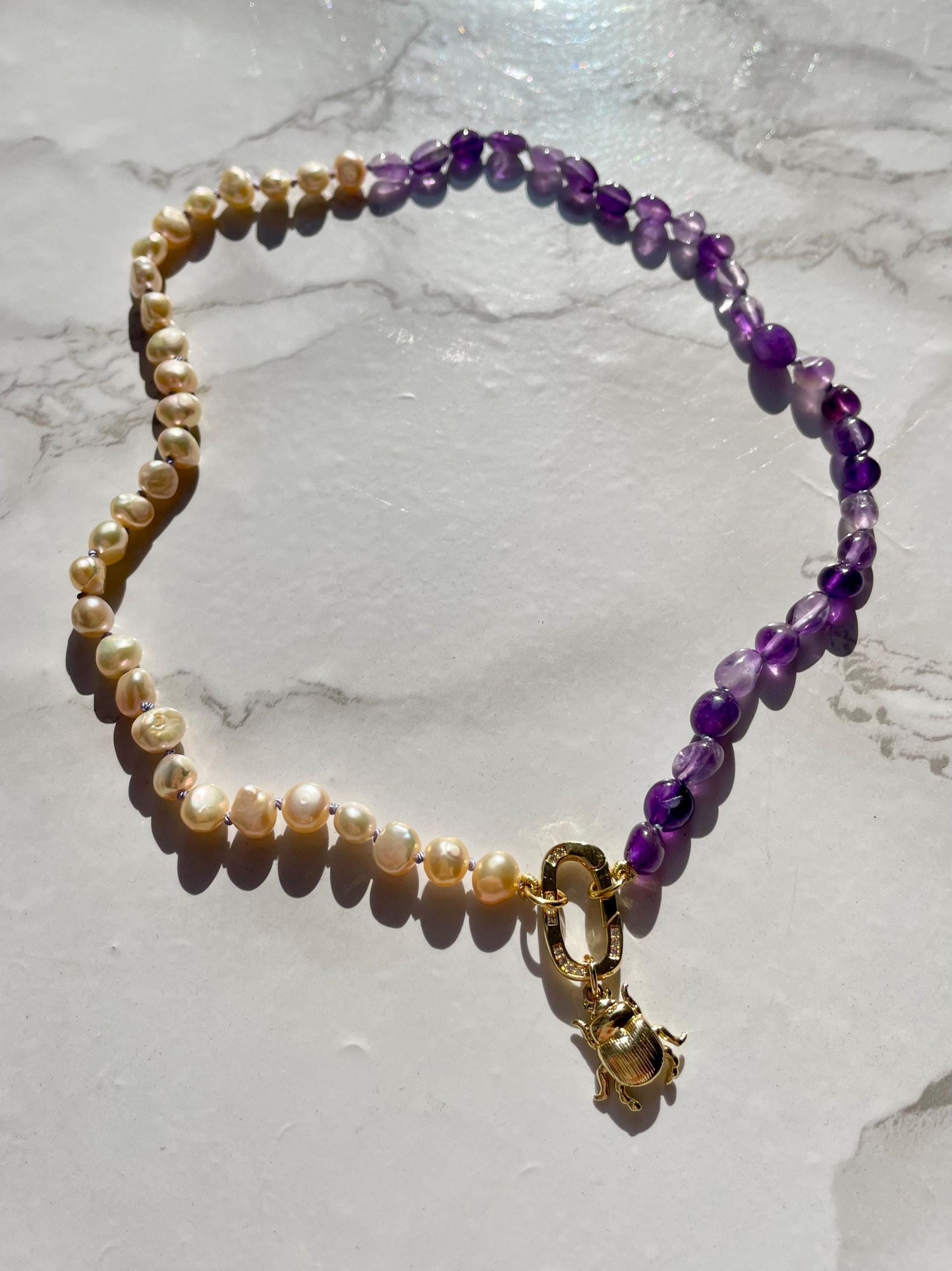 Beetlejuicy - Amethyst & Pearl Gemstone Necklace with 14K Enhancer Clasp and Charm