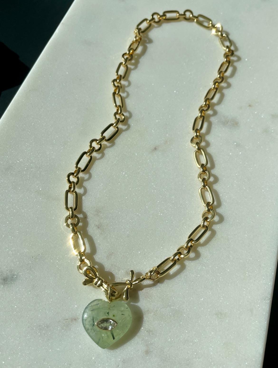 Bossy Mossy Prehnite and Topaz Lallipop Pendant Bow Chain Necklace