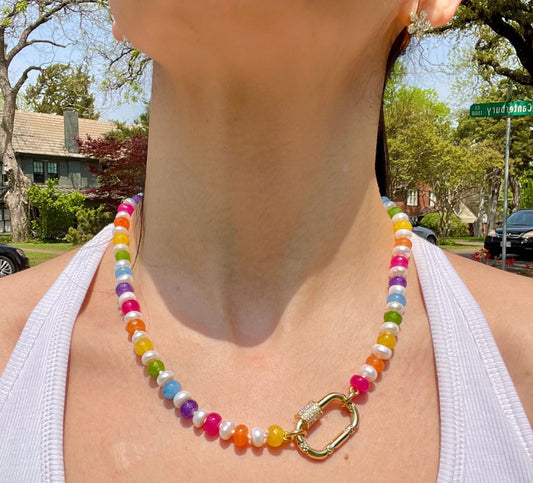 Lucky Charms with Whole Milk Gemstone and Freshwater Pearl Candy Necklace | 14K Gold Filled Charm Bar Carabiner | 18”