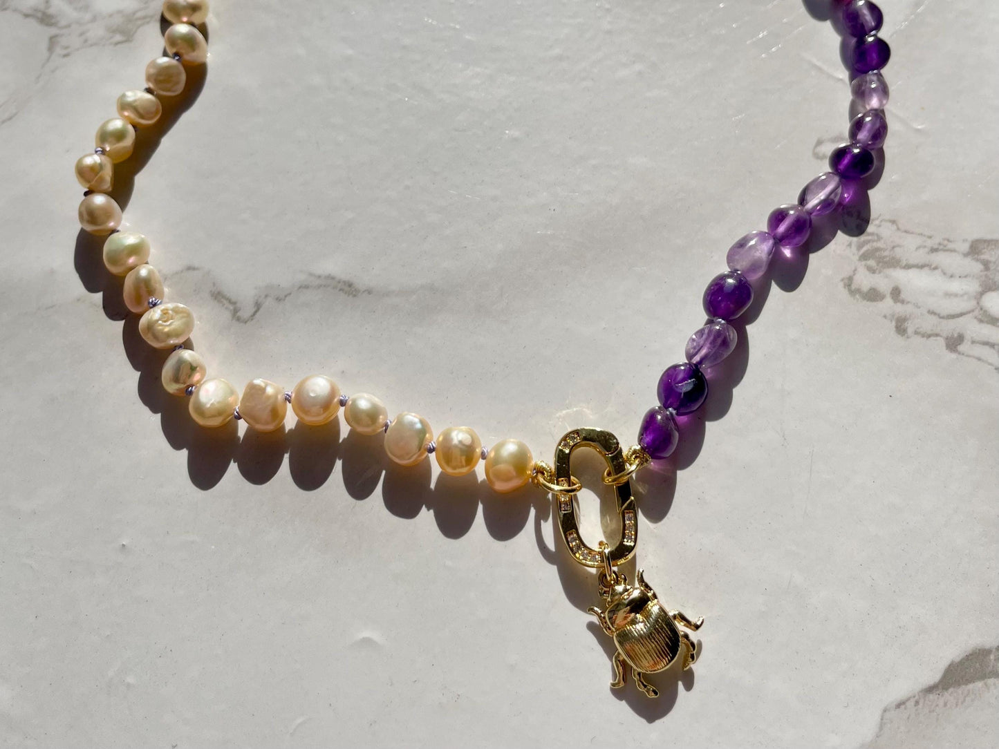 Beetlejuicy - Amethyst & Pearl Gemstone Necklace with 14K Enhancer Clasp and Charm