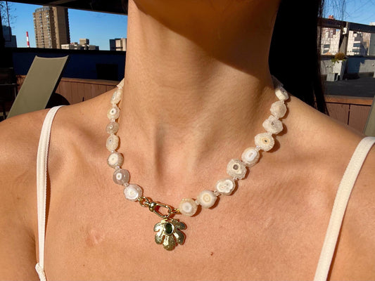 Auld Lang Syne - Quartz Druzy Medallion and Moonstone Statement Collar with Large 14K GF Enhancer Charm Clasp