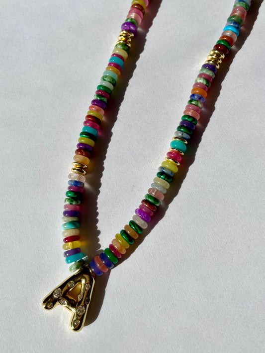 Officially Initially - Multicolor Heishi Gemstone and 14k GF Crystal Puffy Letter Nechlace