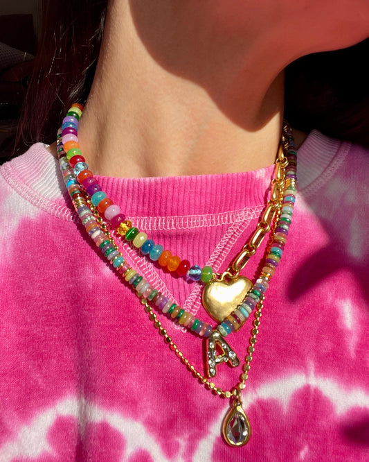 Lucky Charm Antique Brass Large Puffy Heart Charm Chain Necklace