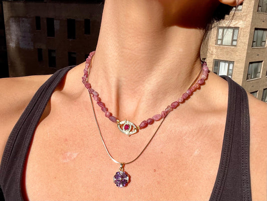 Rubelite Monkies Gemstone Necklace with Evil Eye Enhancer Clasp