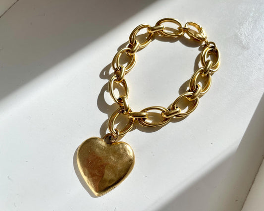 Heart of Palm Bracelet - Puffy Heart Charm Antique Brass Bracelet