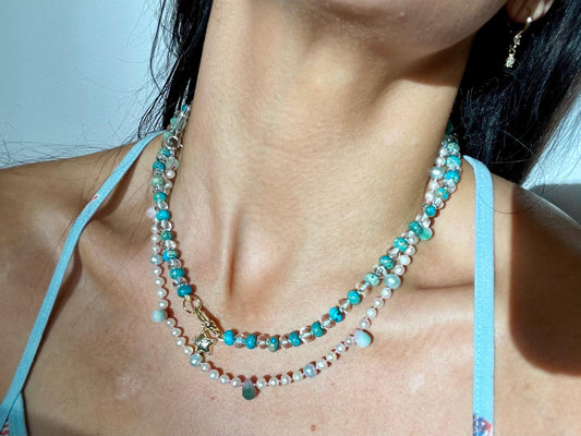 Turks Water - Hand Knotted Turquoise & Quartz Gemstone Necklace
