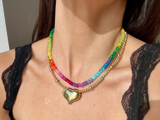 Big Puff Heart Golden Beaded Choker Necklace