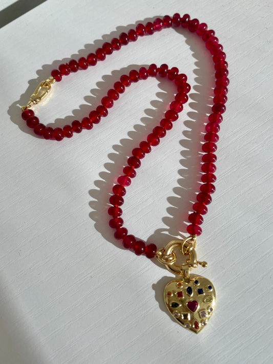 Sequin Gemstone Heart Charm and Handknotted Gemstone Necklace with 14K GF Enhancer Clasp