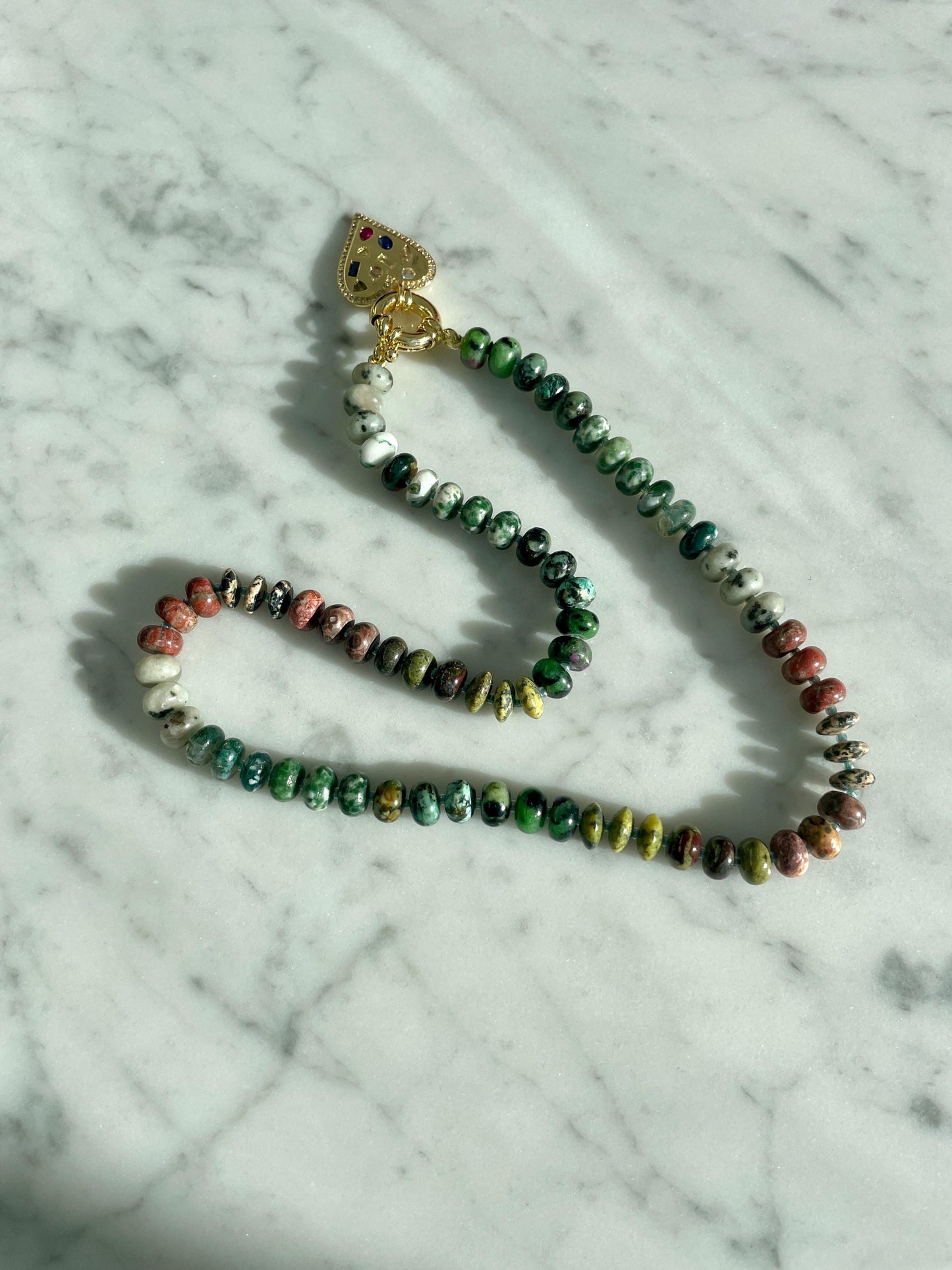 Pet Rock: Big Bob Moss - Earthy Green Jade Gemstone Rainbow Necklace with 14K GF Enhancer Clasp