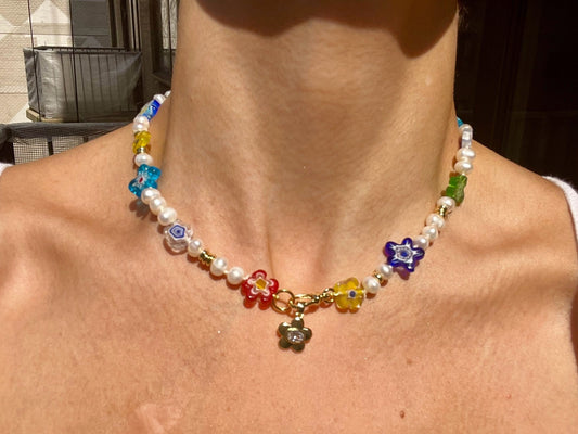 Flower Puff Power - Freshwater Pearl and Glass Flower Necklace with 14k GF Enhancer Clasp & Crystal Charm