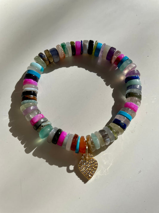 Fruity Pebbles - Heishi Gemstone Bracelet with Gold Filled Heart Charm