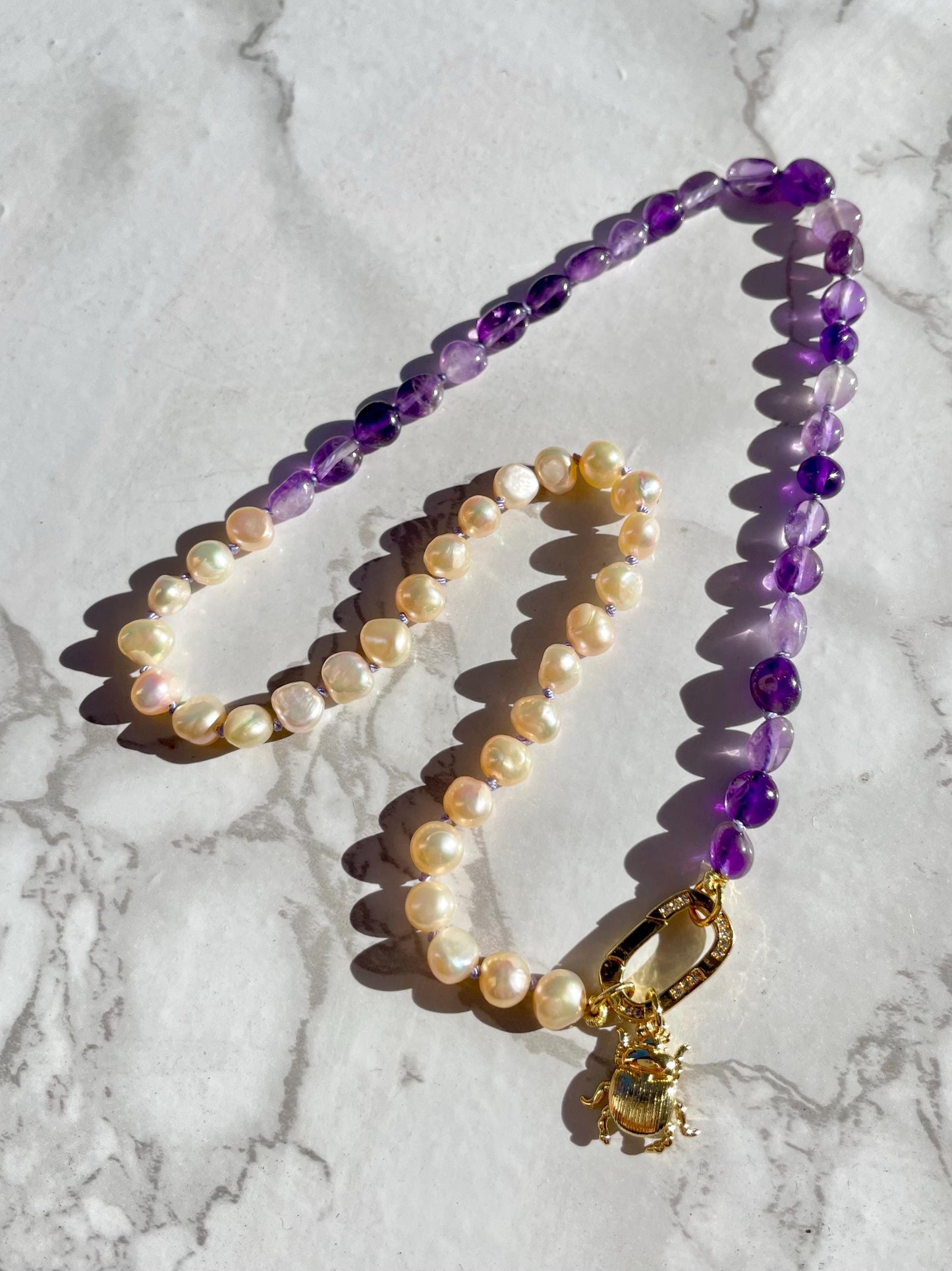 Beetlejuicy - Amethyst & Pearl Gemstone Necklace with 14K Enhancer Clasp and Charm