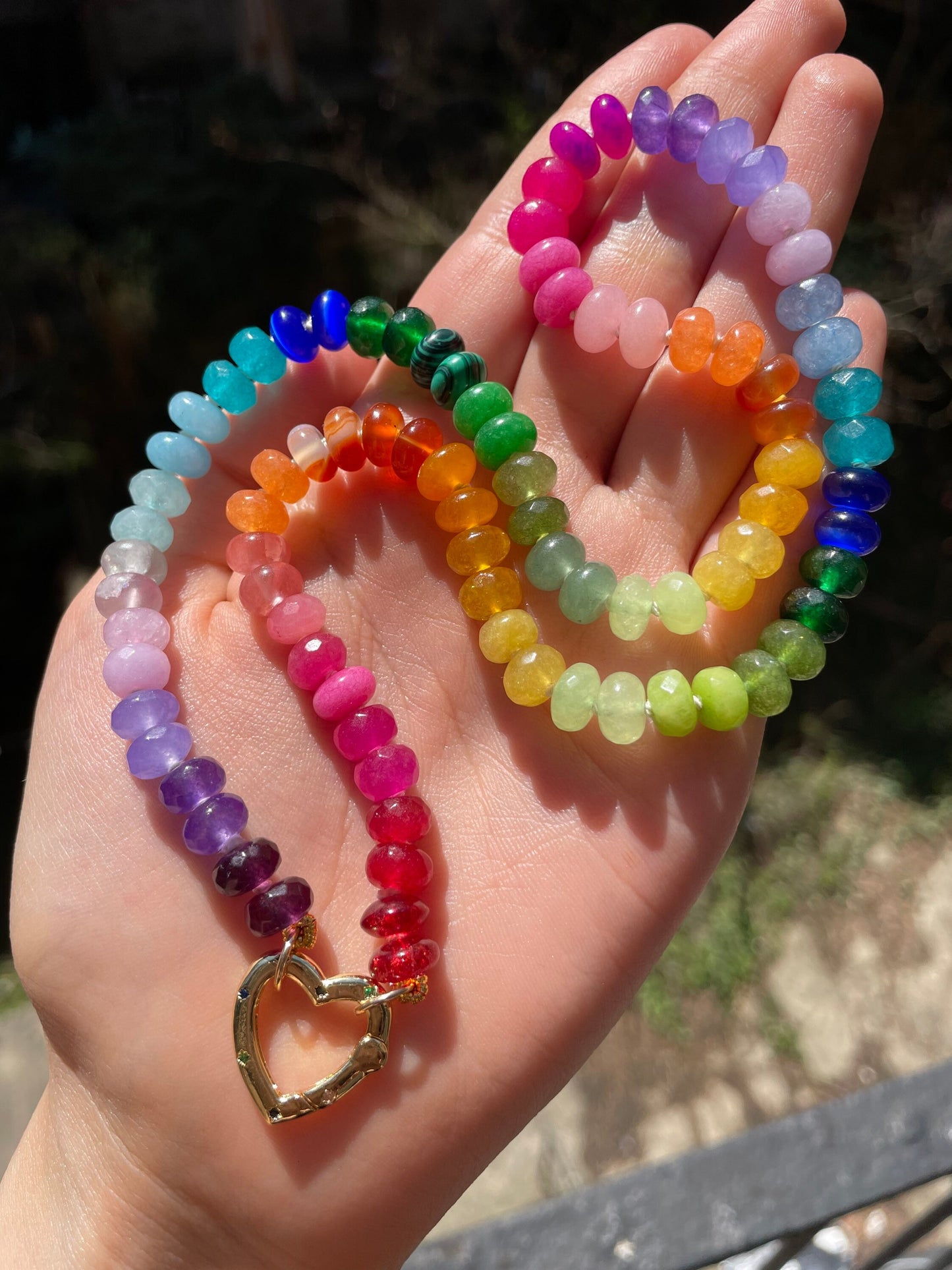 Sweetheart Skittles | Hand-Knotted Rainbow Gemstone Candy Necklace with Gold Filled Heart Enhancer