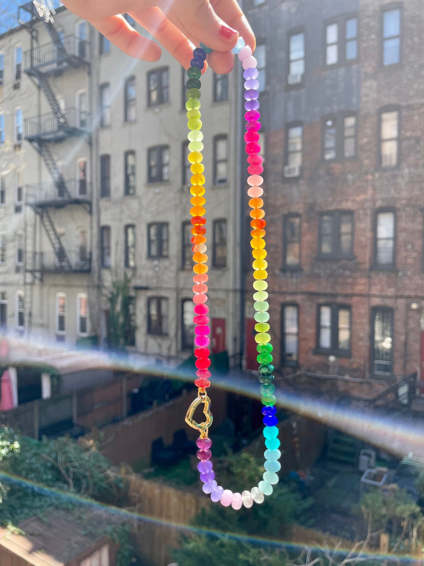 Sweetheart Skittles | Hand-Knotted Rainbow Gemstone Candy Necklace with Gold Filled Heart Enhancer