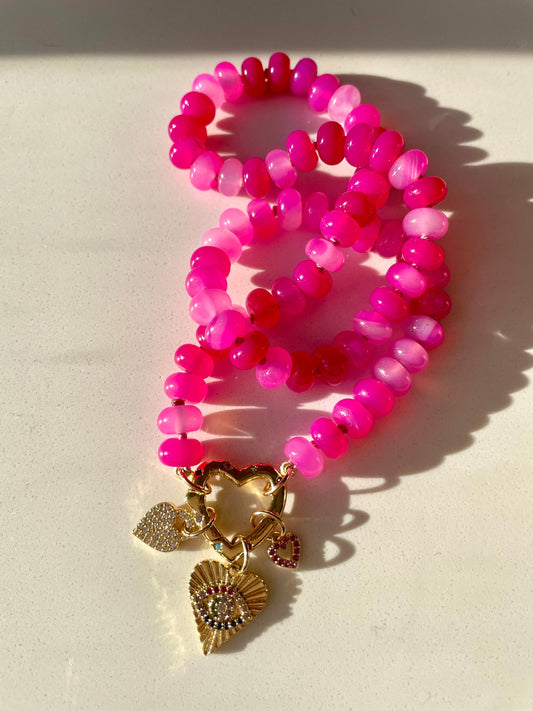 Every Day is Valentines Day, Baby - Pink Agate Gemstone Candy Necklace with GF Heart Enhancer Clasp