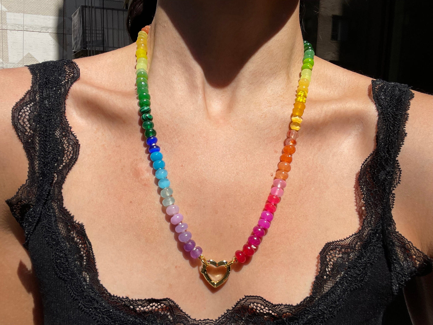 Sweetheart Skittles | Hand-Knotted Rainbow Gemstone Candy Necklace with Gold Filled Heart Enhancer