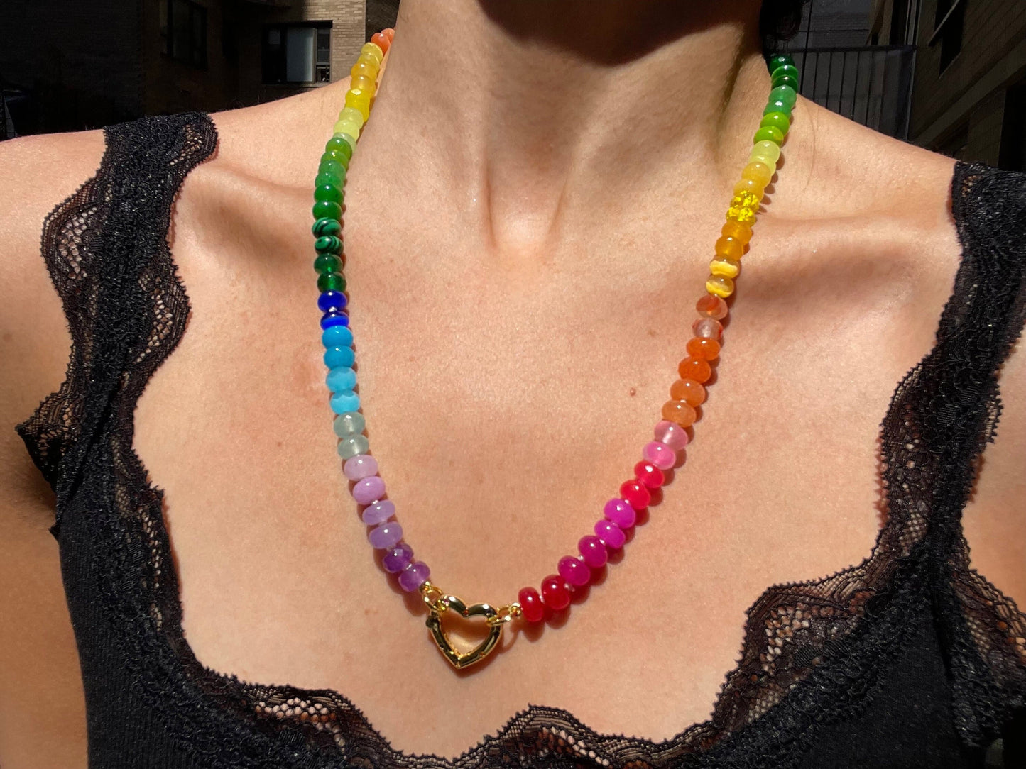 Sweetheart Skittles | Hand-Knotted Rainbow Gemstone Candy Necklace with Gold Filled Heart Enhancer