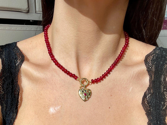 Sequin Gemstone Heart Charm and Handknotted Gemstone Necklace with 14K GF Enhancer Clasp