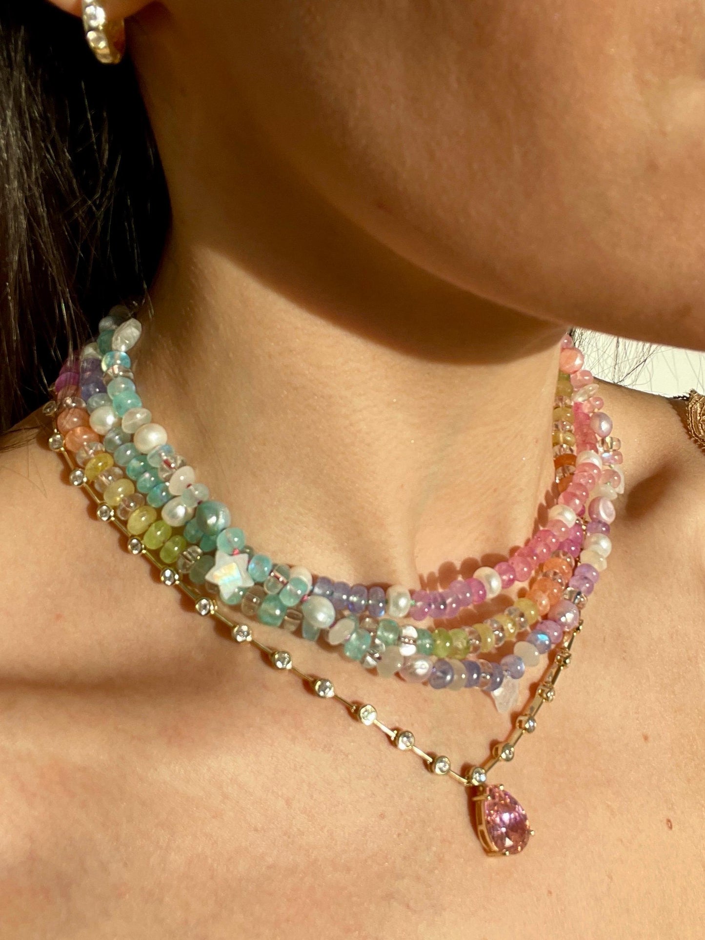 Rainbow Icee Luxe - Moonstone & Quartz Choker, 14K GF Clasp, Handknotted Silk Thread
