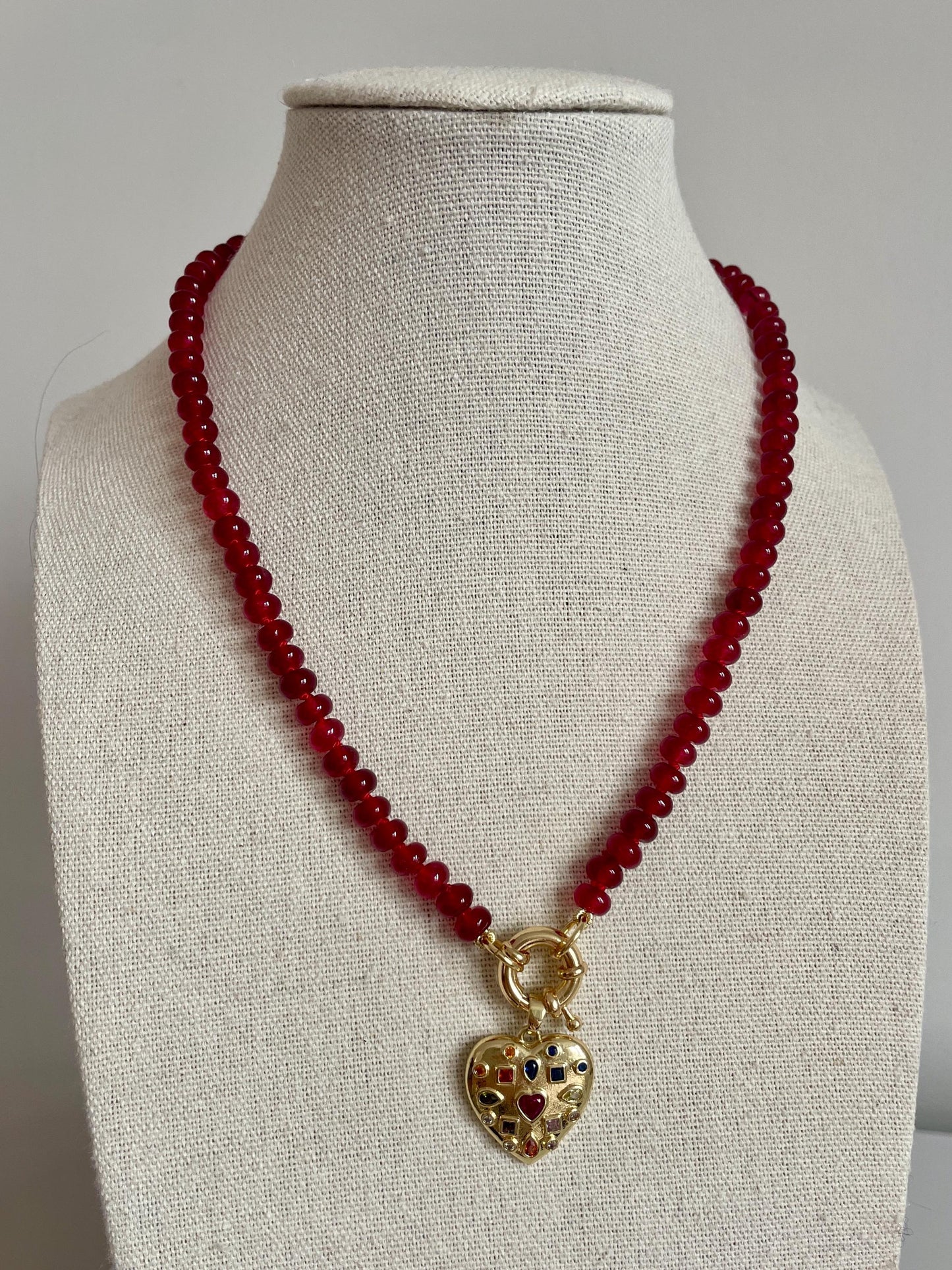 Sequin Gemstone Heart Charm and Handknotted Gemstone Necklace with 14K GF Enhancer Clasp