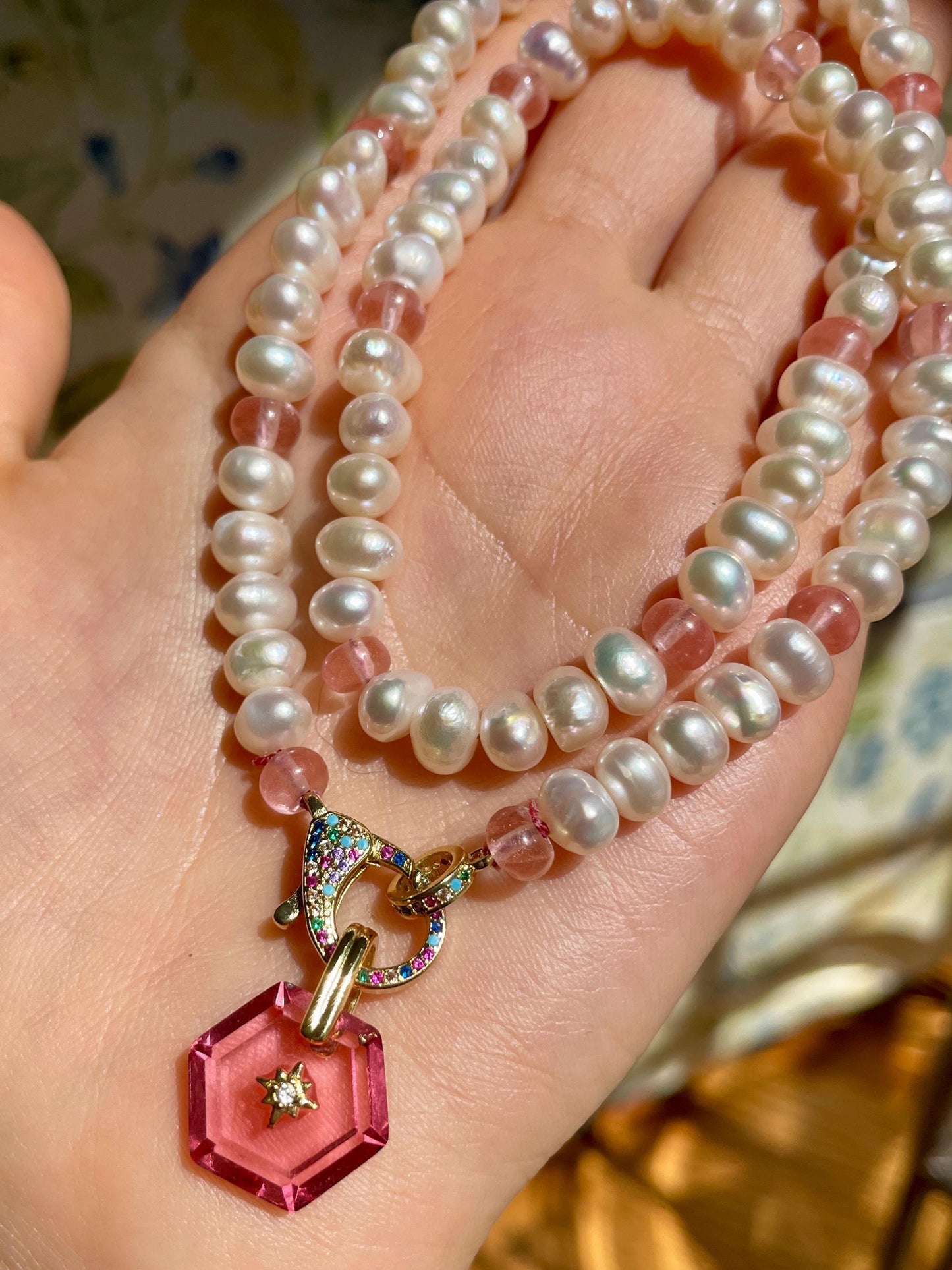 Strawberries & Cream 2 Fresh Water Pearl and Jade Gemstone Candy Necklace with Rainbow Enhancer Clasp and Art Deco Charm