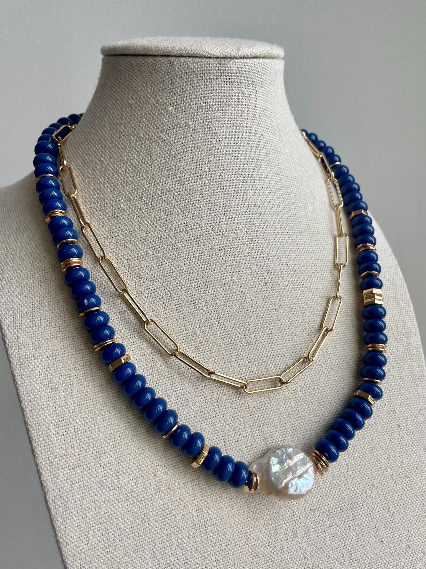 Layer Ya, Dare Ya - Bluey Gemstone, Gold, and Pearl Necklace with Paperclip Chain
