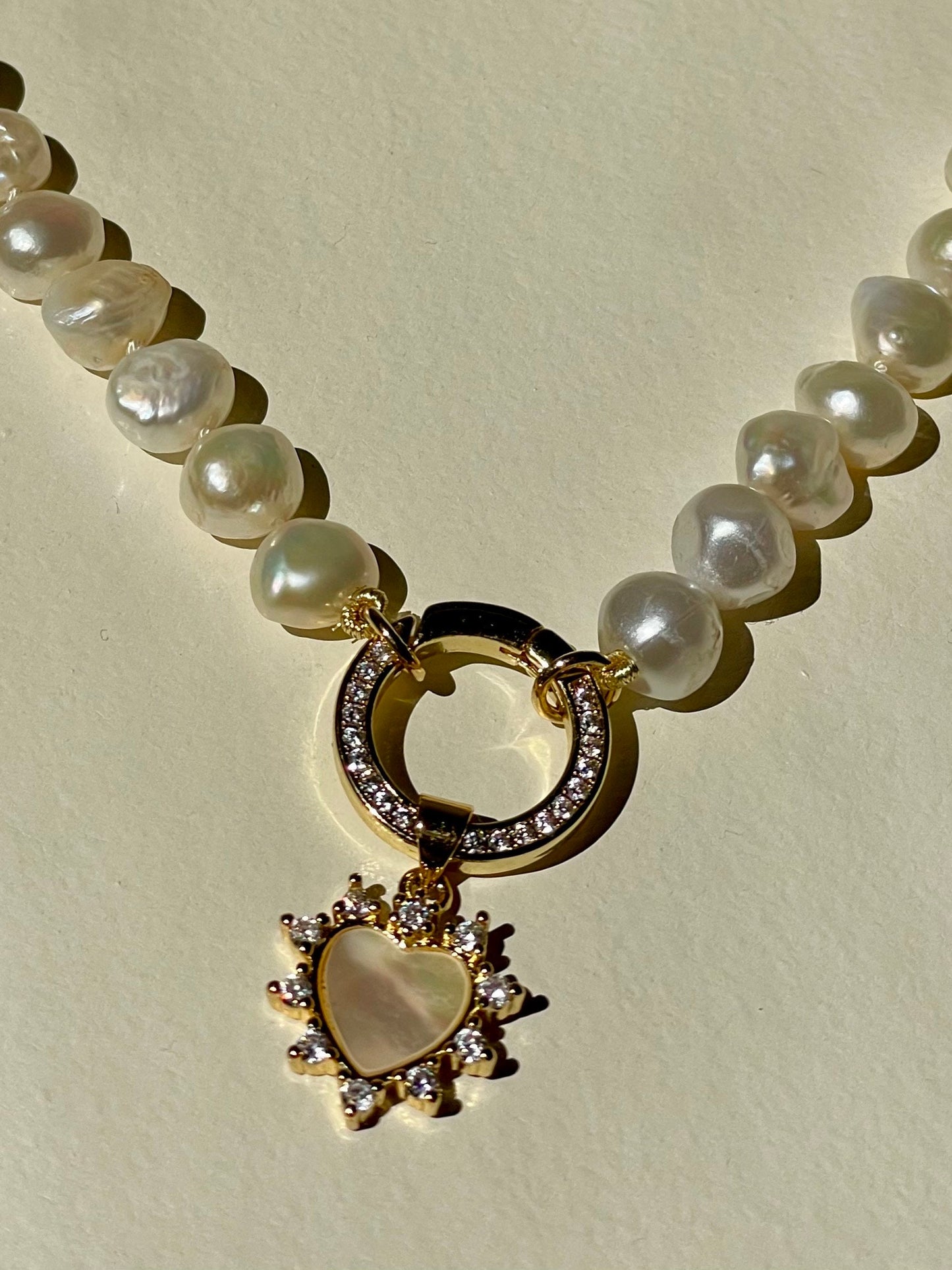 Handshakes in the Hamptons - Hand Knotted Freshwater Pearl Crystal Enhancer Clasp Necklace with Mother of Pearl Heart Charm