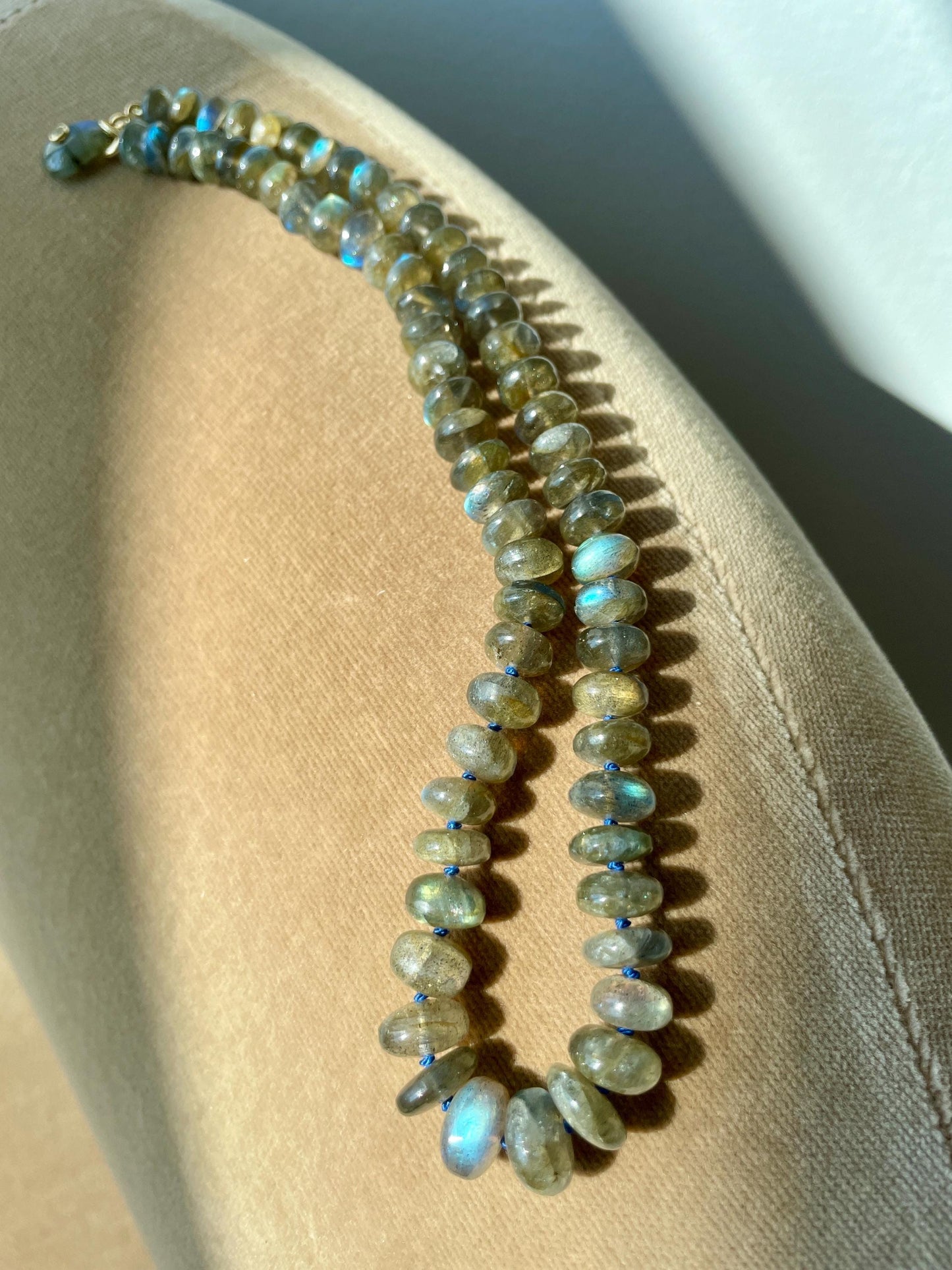 Recess on the BlackTop 3 Smooth Labradorite Hand Knotted Candy Necklace with 14K Solid Gold