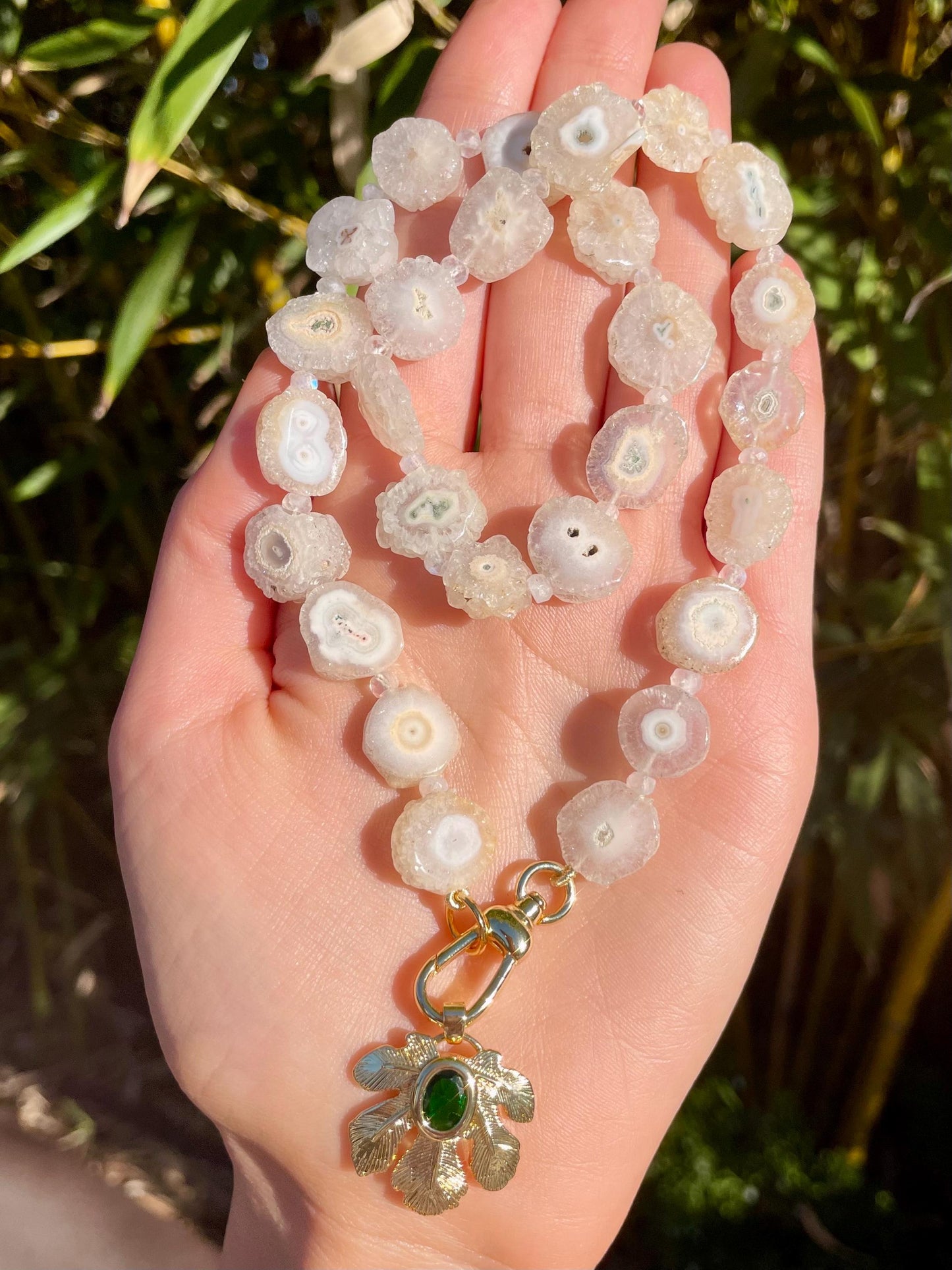 Auld Lang Syne - Quartz Druzy Medallion and Moonstone Statement Collar with Large 14K GF Enhancer Charm Clasp