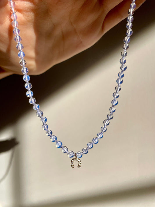 Hubba Bubba Lucky Double Bubble - Handknotted Opalite Choker with 14K GF Crystal Horseshoe Charm